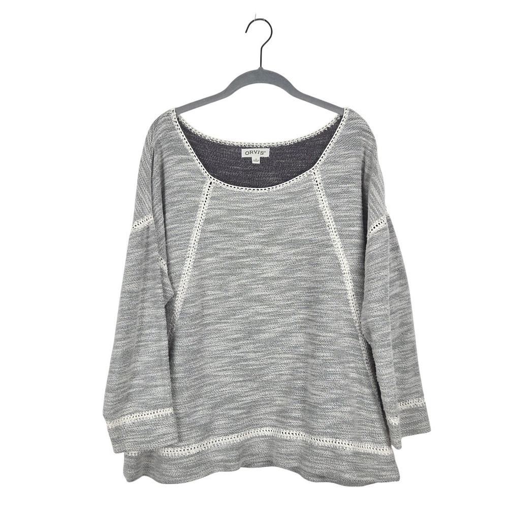 Orvis Womens Gray Cream Textured Knit Pullover Top M Crochet Trim Relaxed Casual